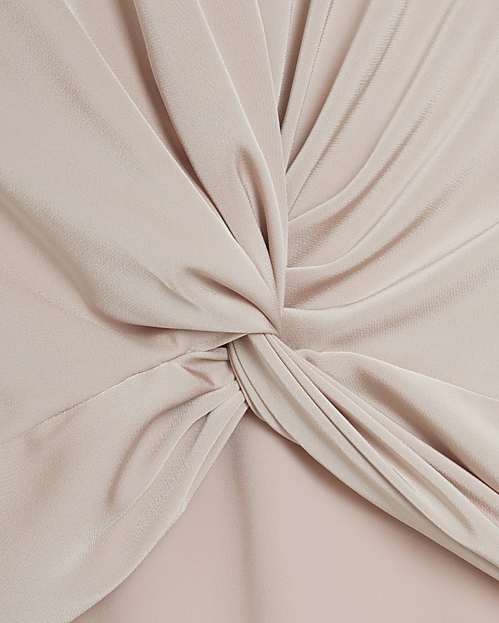 Pink satin front knot blouse