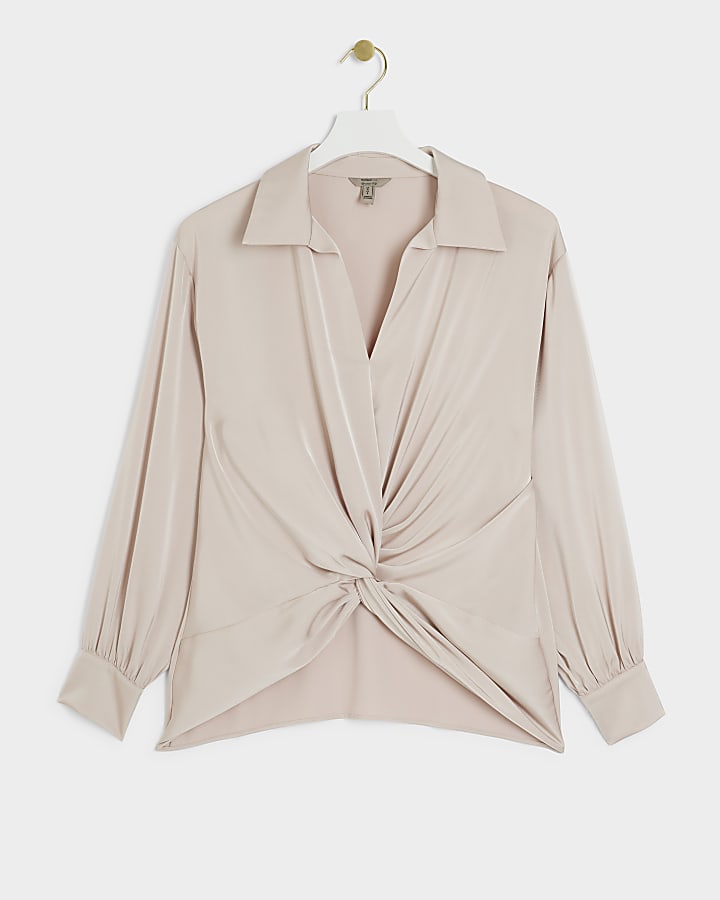 Pink satin front knot blouse