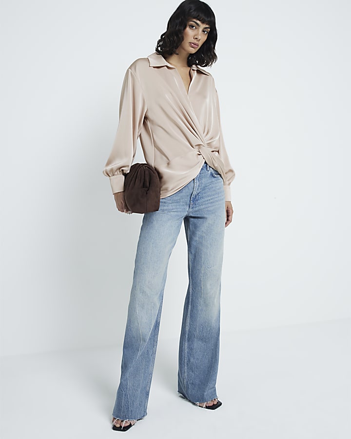 Pink satin front knot blouse