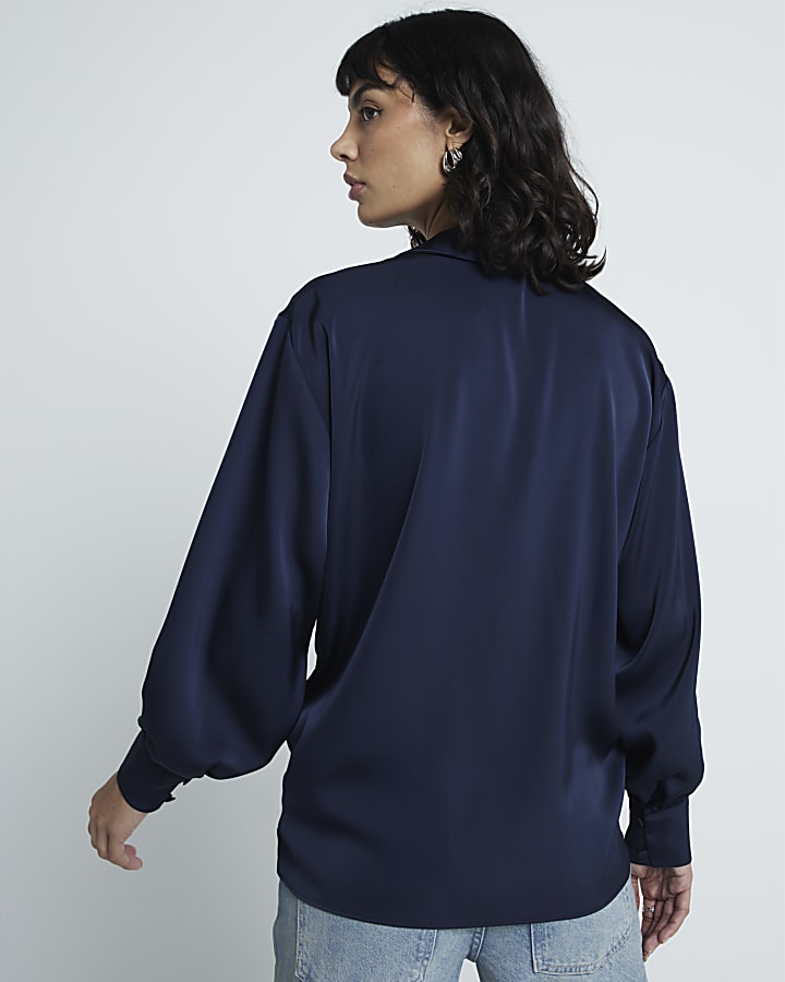 Navy satin front knot blouse
