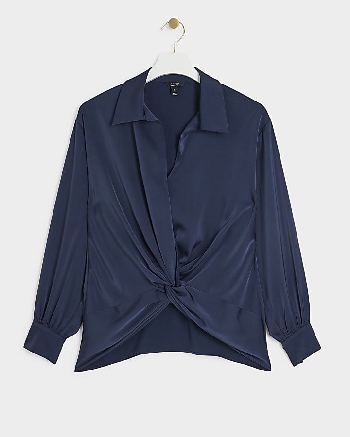 Navy satin front knot blouse