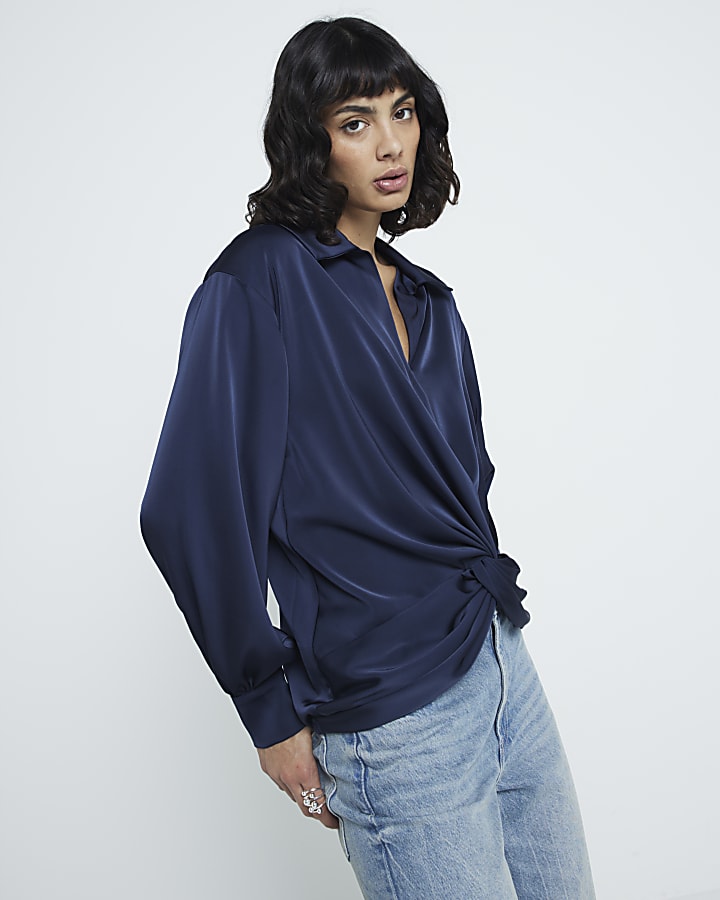 Navy satin front knot blouse