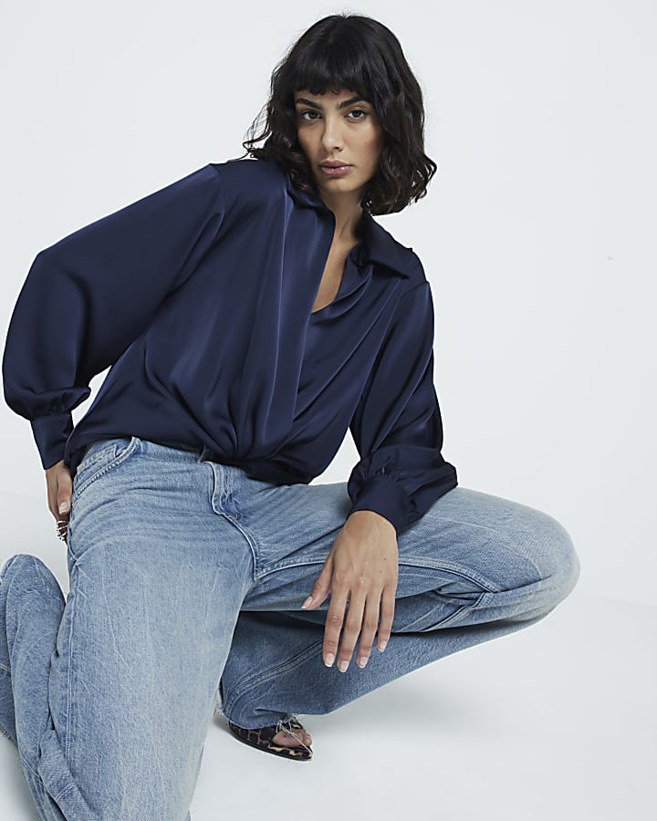 Navy satin front knot blouse