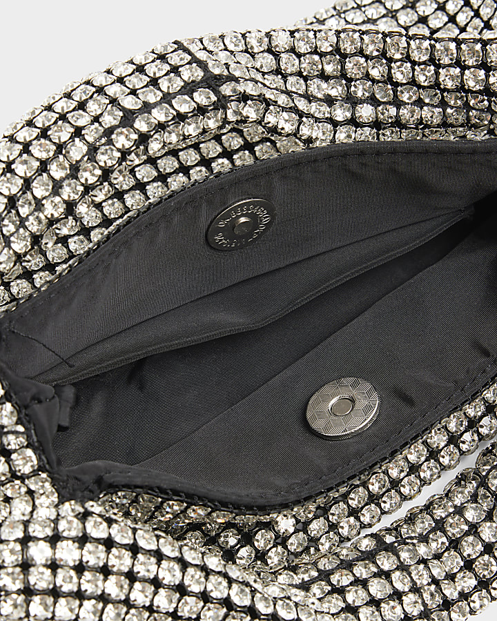 Silver Diamante Scoop Clutch Bag