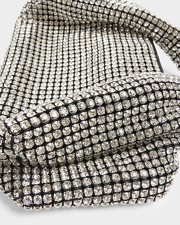 Silver Diamante Scoop Clutch Bag