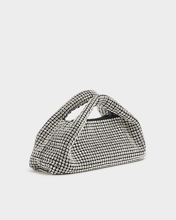 Silver Diamante Scoop Clutch Bag