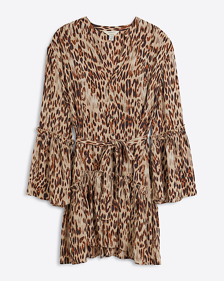 Brown leopard print belted mini shirt dress