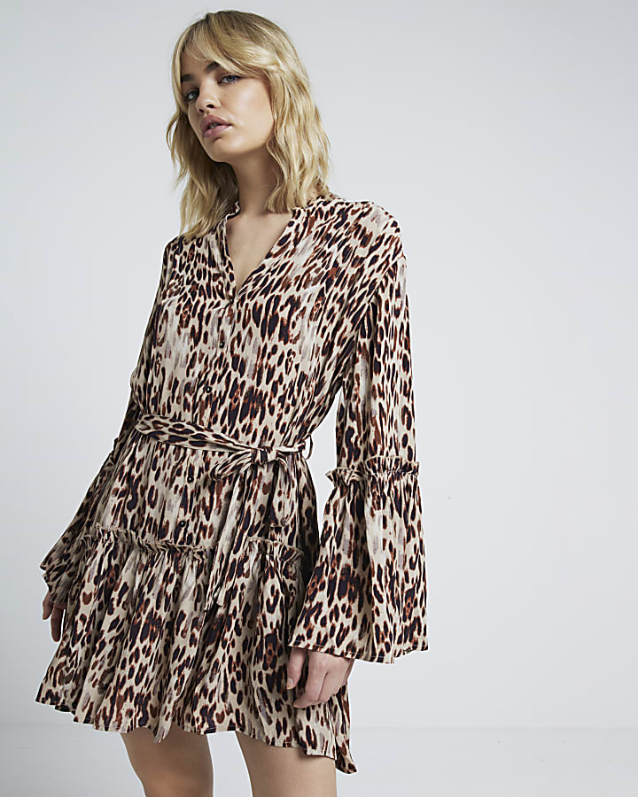 Brown leopard print belted mini shirt dress