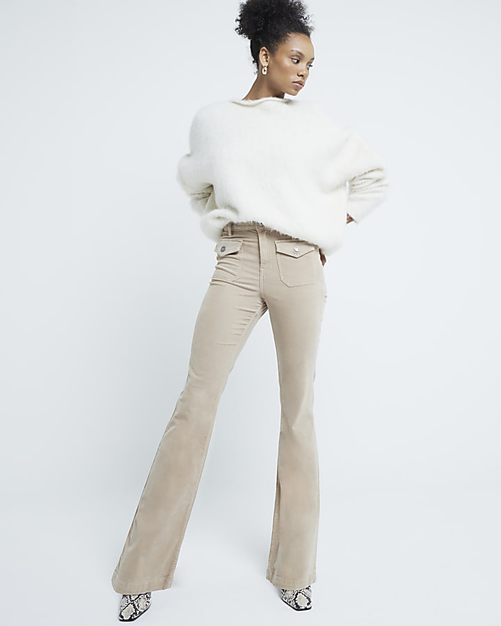 Beige Corduroy Flared Jeans
