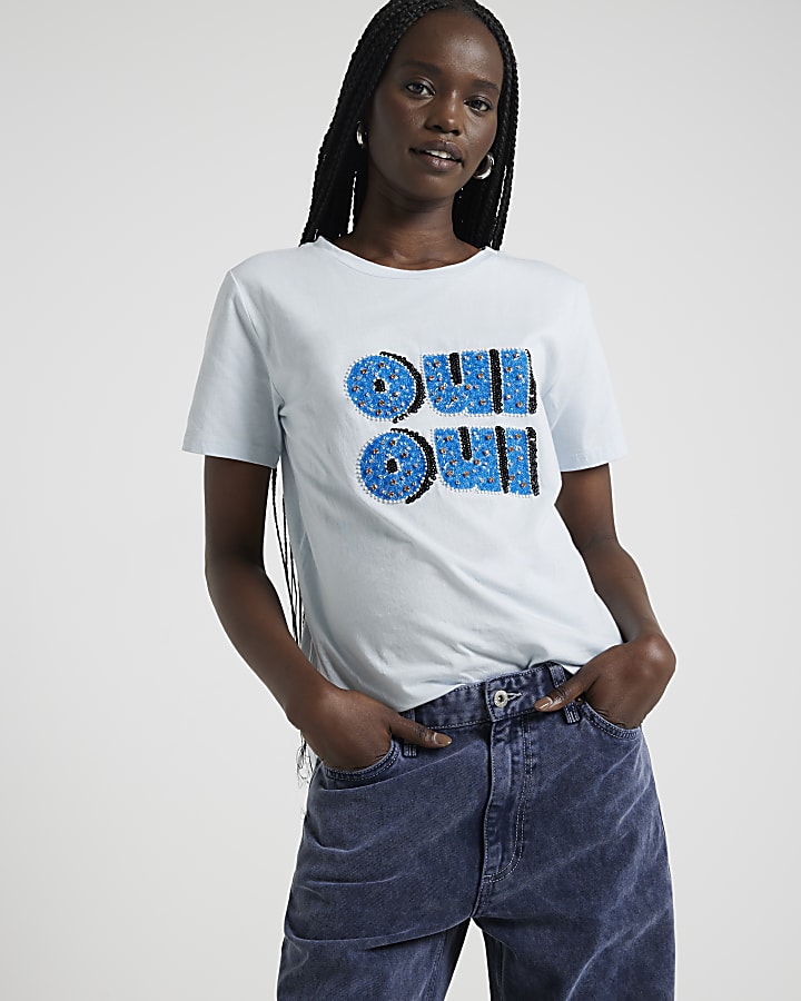 Blue Embellished Oui Oui Graphic T-shirt