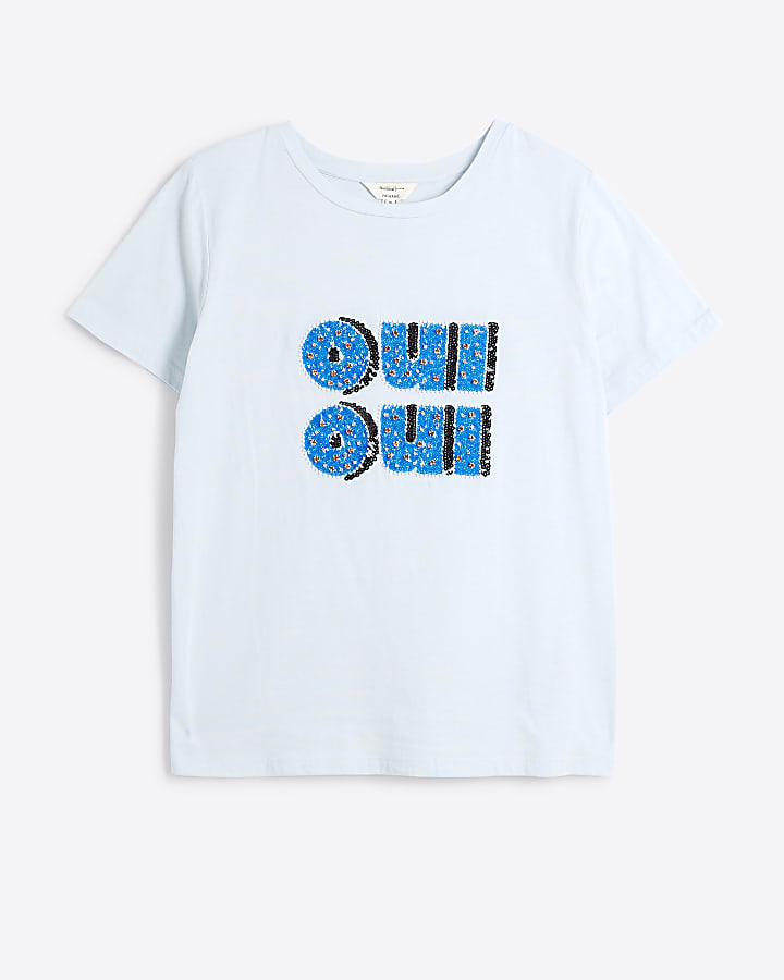 Blue Embellished Oui Oui Graphic T-shirt