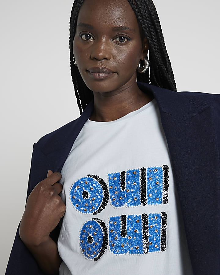 Blue Embellished Oui Oui Graphic T-shirt