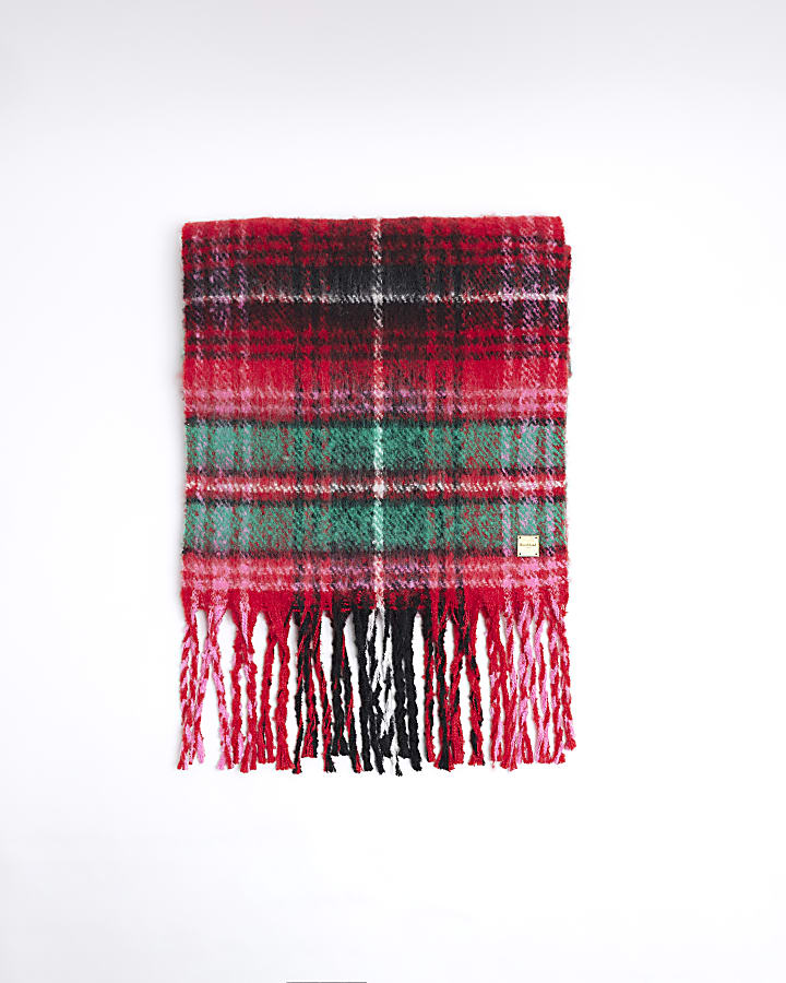 Red Check Fringed Scarf