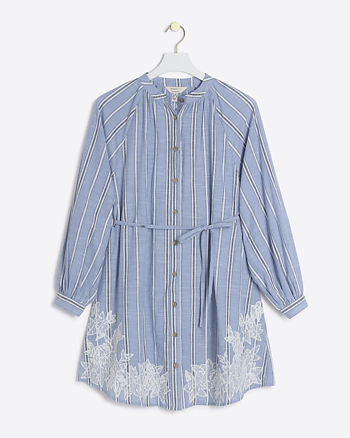 Blue stripe broderie lace mini shirt dress