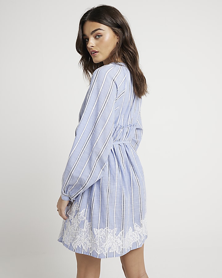 Blue stripe broderie lace mini shirt dress