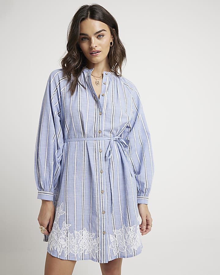 Blue stripe broderie lace mini shirt dress