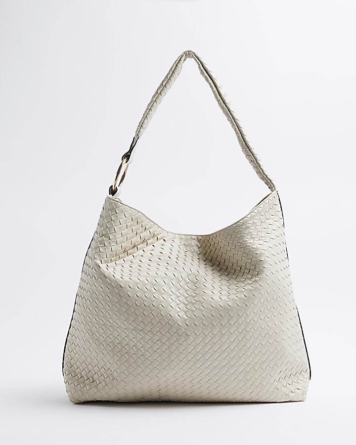 Beige Woven Slouch Tote Bag