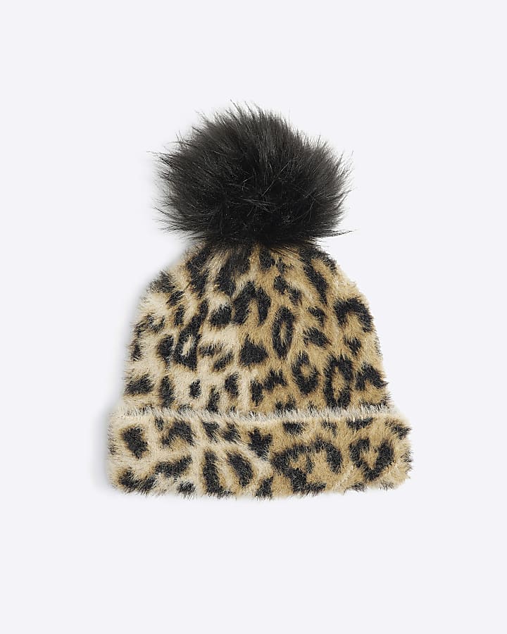 Beige Faux Fur Leopard Print Beanie