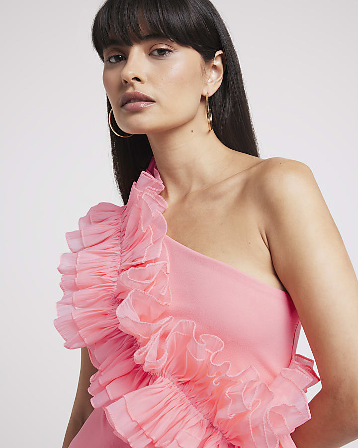 Coral ruffle asymmetric  playsuit
