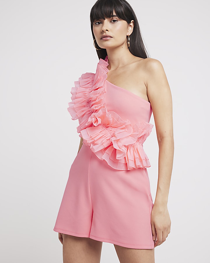 Coral ruffle asymmetric  playsuit