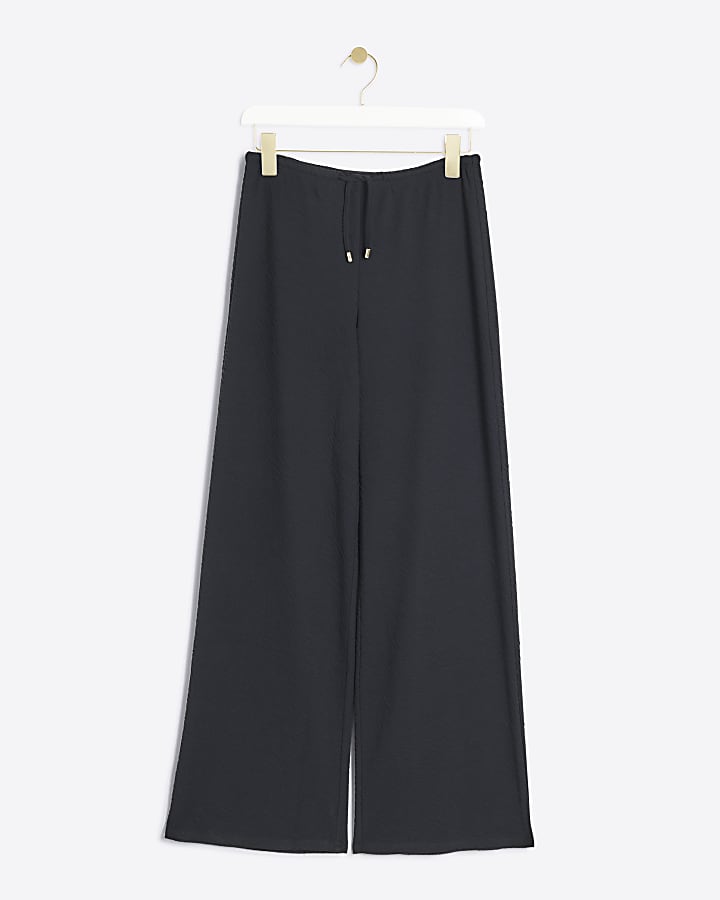 Black textured wide leg drawstring trousers