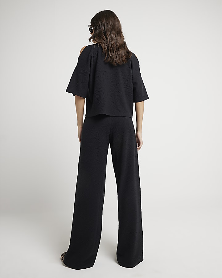 Black textured wide leg drawstring trousers