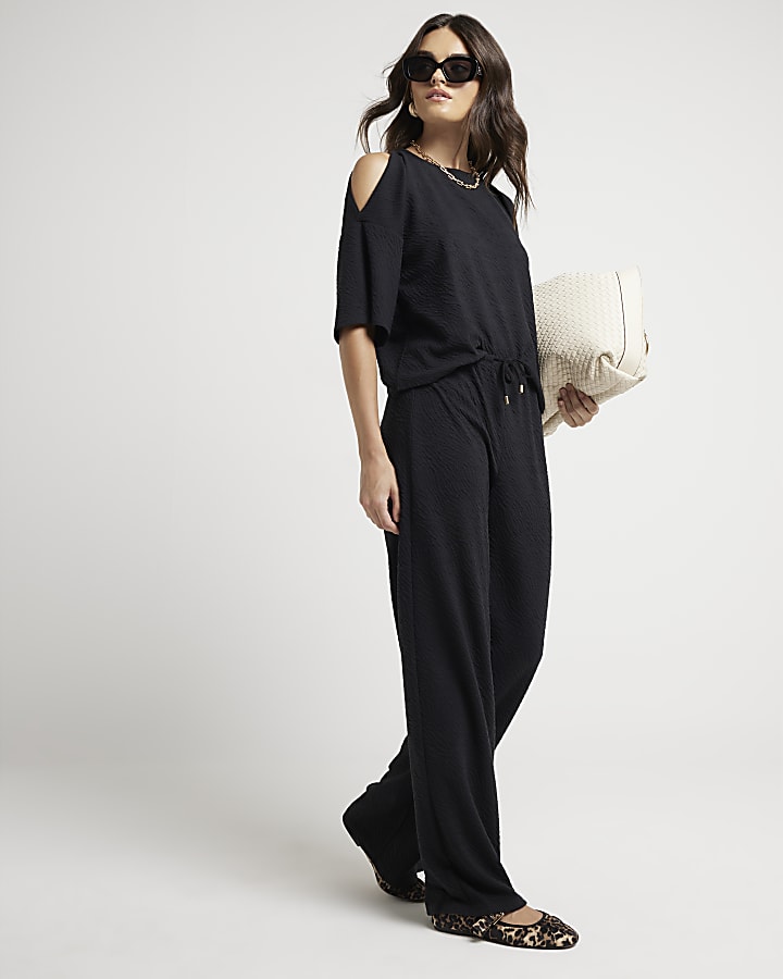 Black textured wide leg drawstring trousers