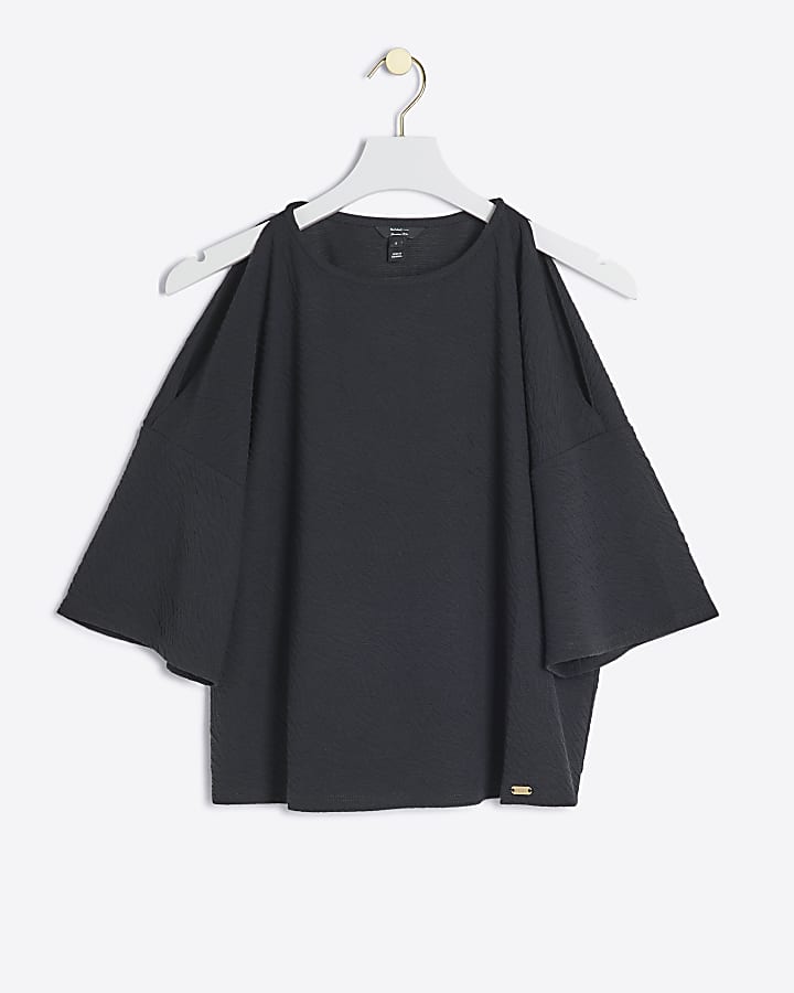 Black Textured Cold Shoulder T-Shirt