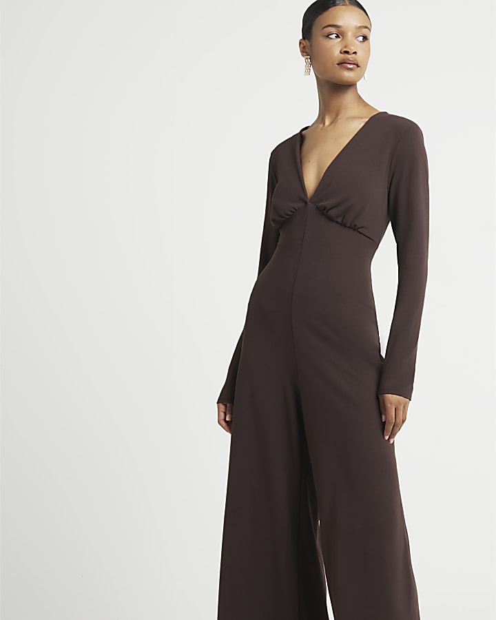 Brown plunge wide leg jumpsuit