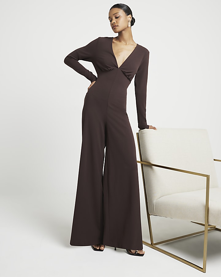 Brown plunge wide leg jumpsuit