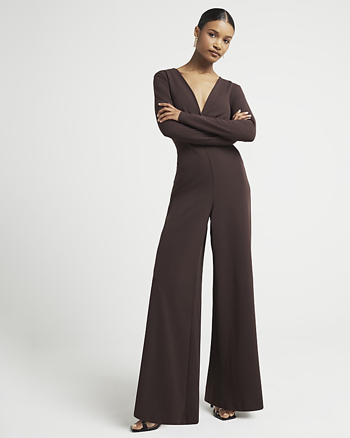 Brown plunge wide leg jumpsuit