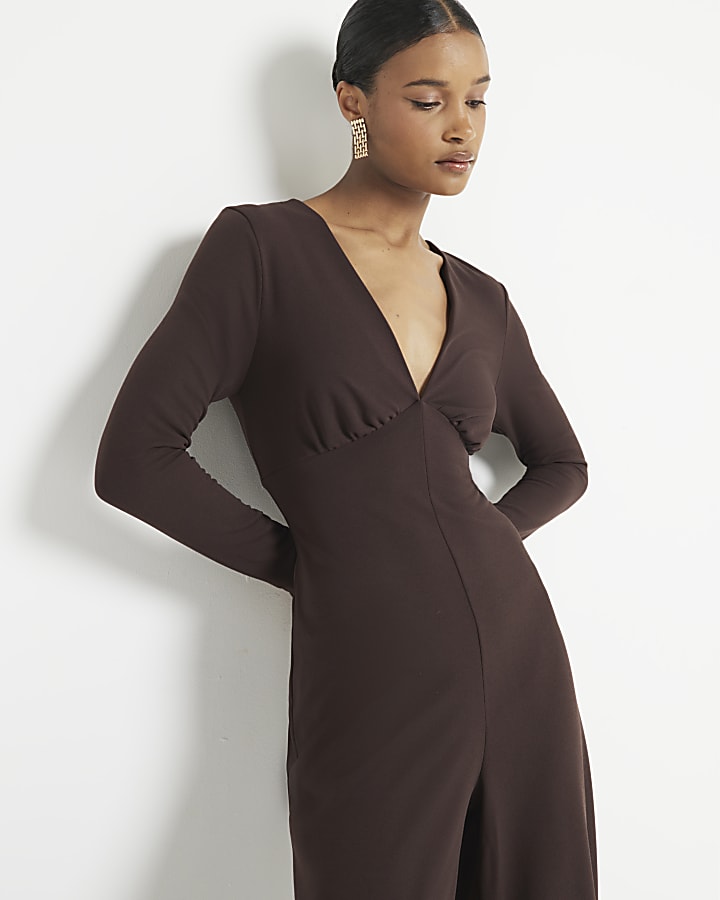 Brown plunge wide leg jumpsuit