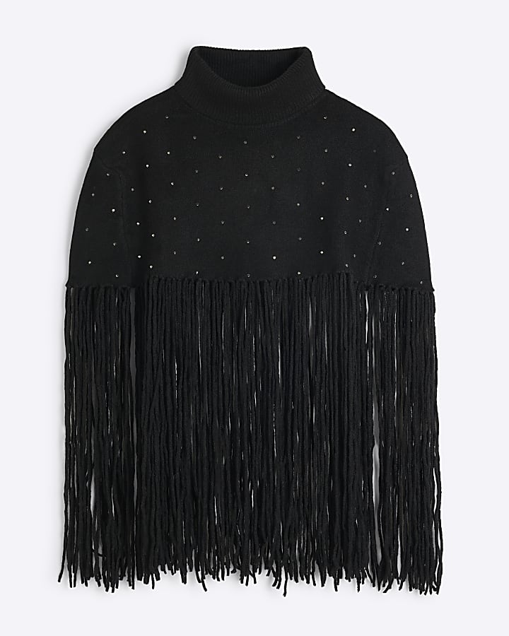 Black Knitted Embellished Tassel Cape