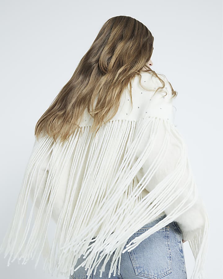 Cream Embellished Knitted Tassel Cape