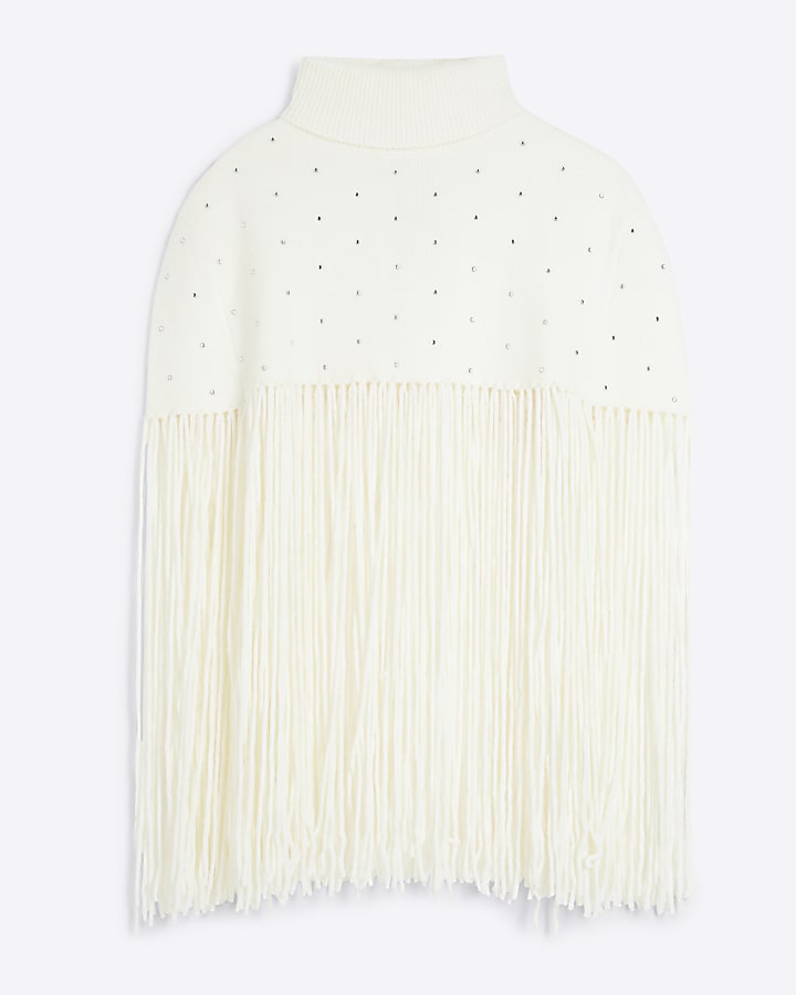 Cream Embellished Knitted Tassel Cape