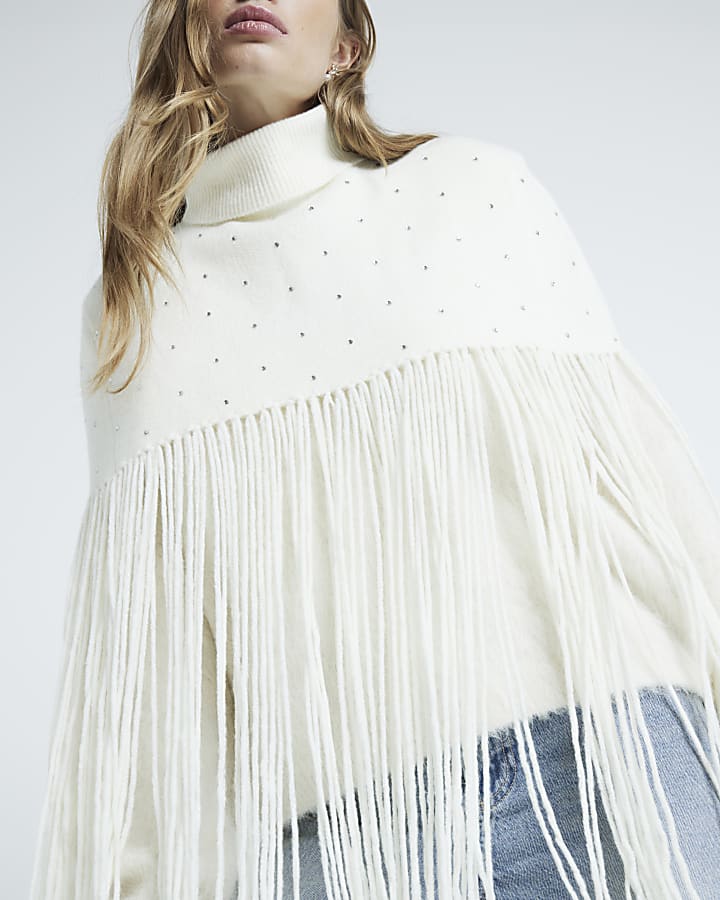 Cream Embellished Knitted Tassel Cape