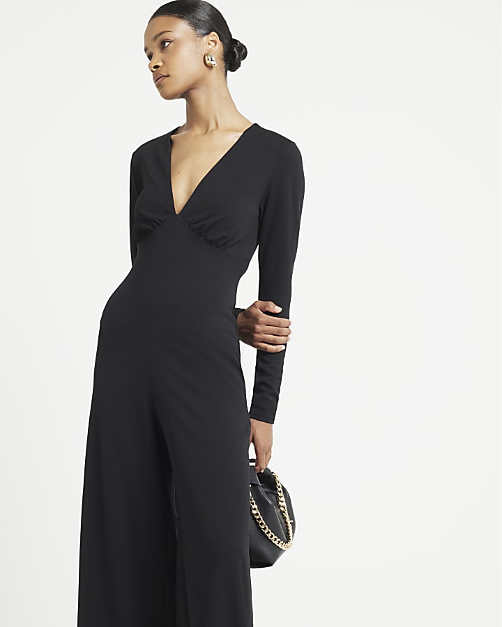 Black plunge wide leg jumpsuit