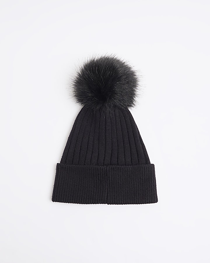 Black Rib Knit Pom Pom Beanie Hat