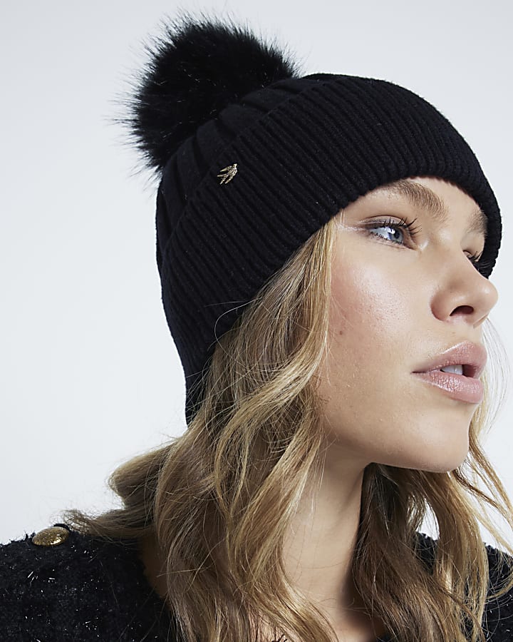 Black Rib Knit Pom Pom Beanie Hat