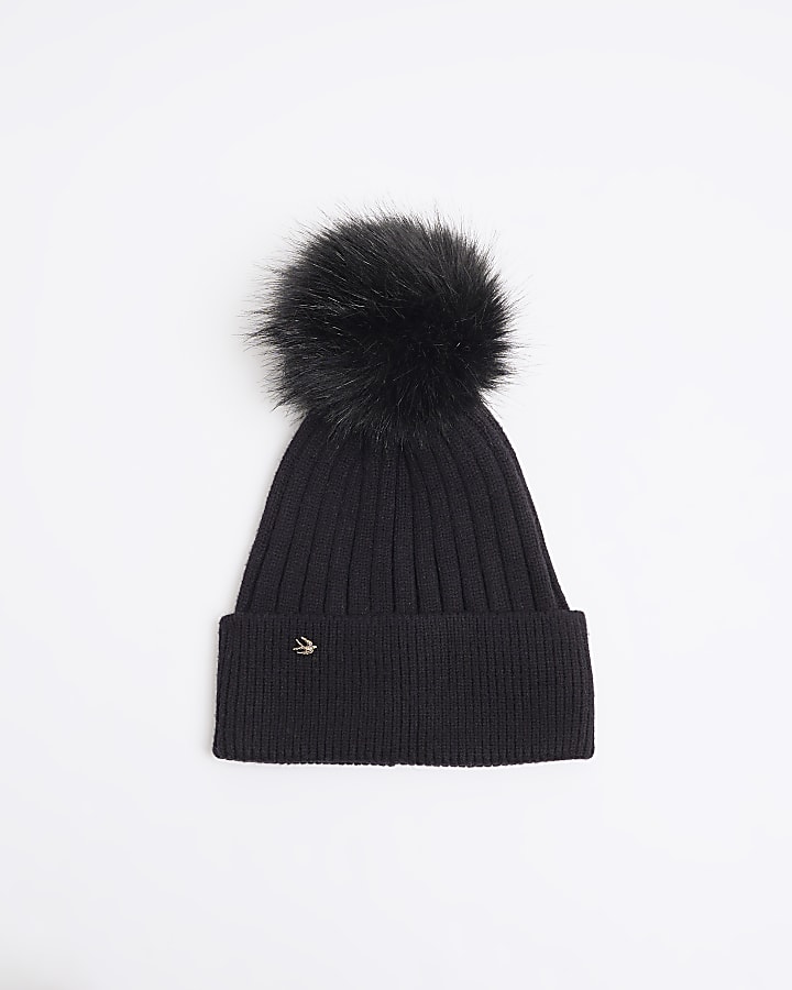 Black Rib Knit Pom Pom Beanie Hat