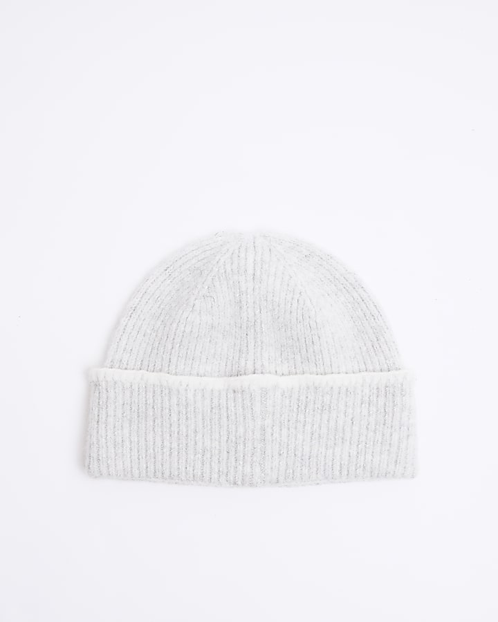 Grey Blanket Stitch Beanie Hat