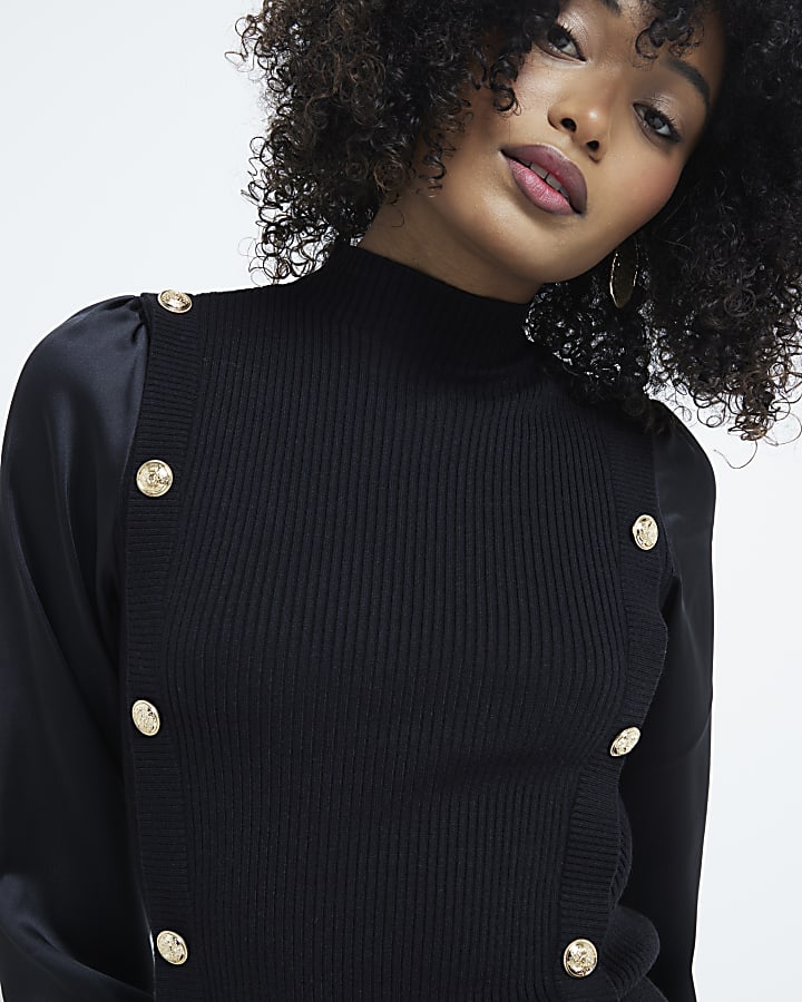 Black Long Sleeve Button Jumper Dress
