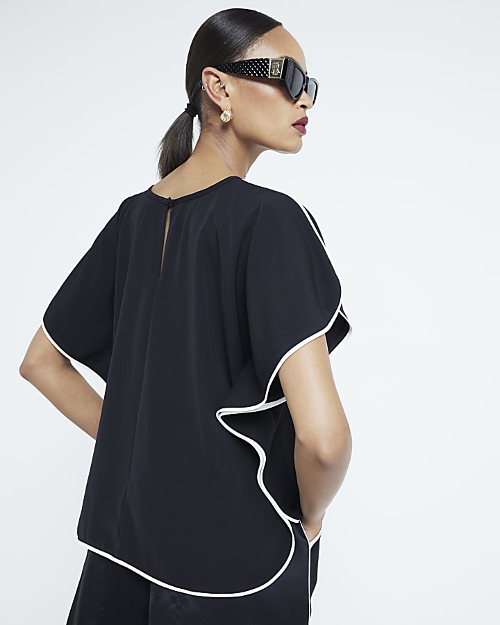 Black Short Sleeved Tipped Detail Top