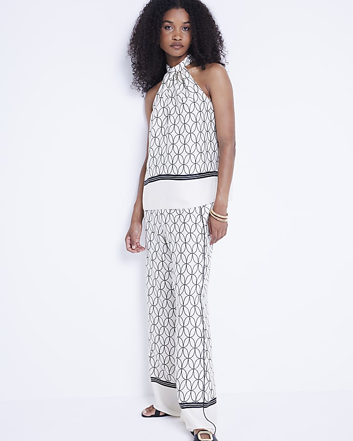 White geometric wide leg trousers