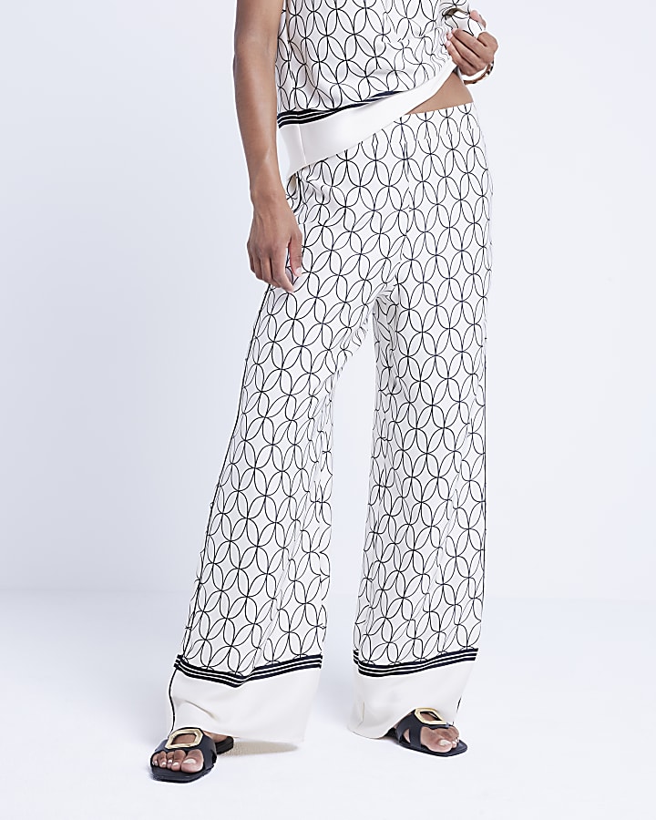 White geometric wide leg trousers