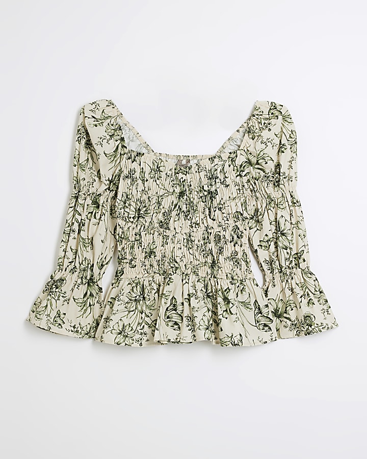 Green floral shirred blouse