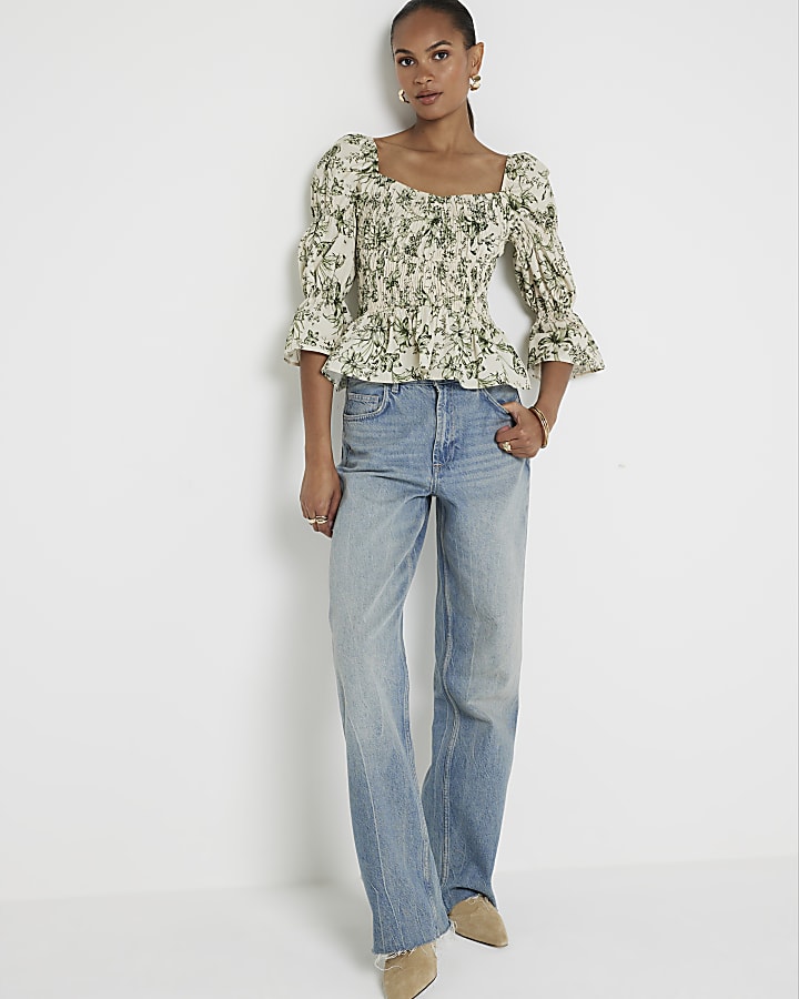 Green floral shirred blouse