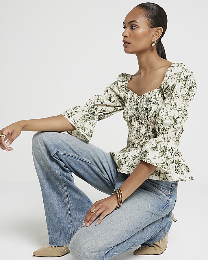 Green floral shirred blouse