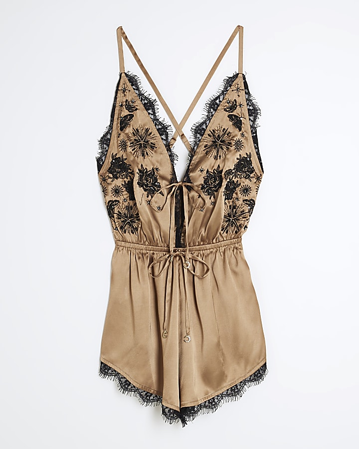 Brown Lace Embroidered Satin Teddy Bodysuit