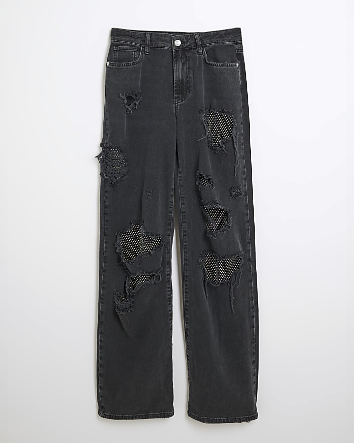 Black embellished rip relaxed straight jeans